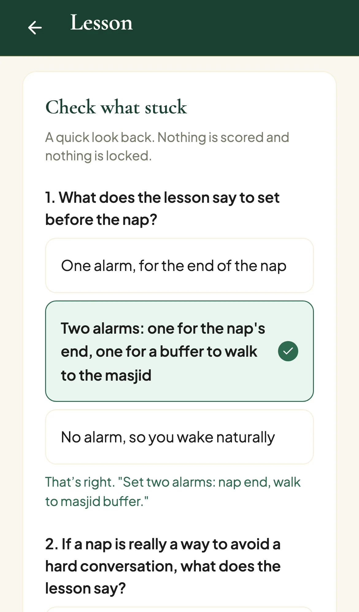 The check-what-stuck questions at the end of a lesson, with the first question answered