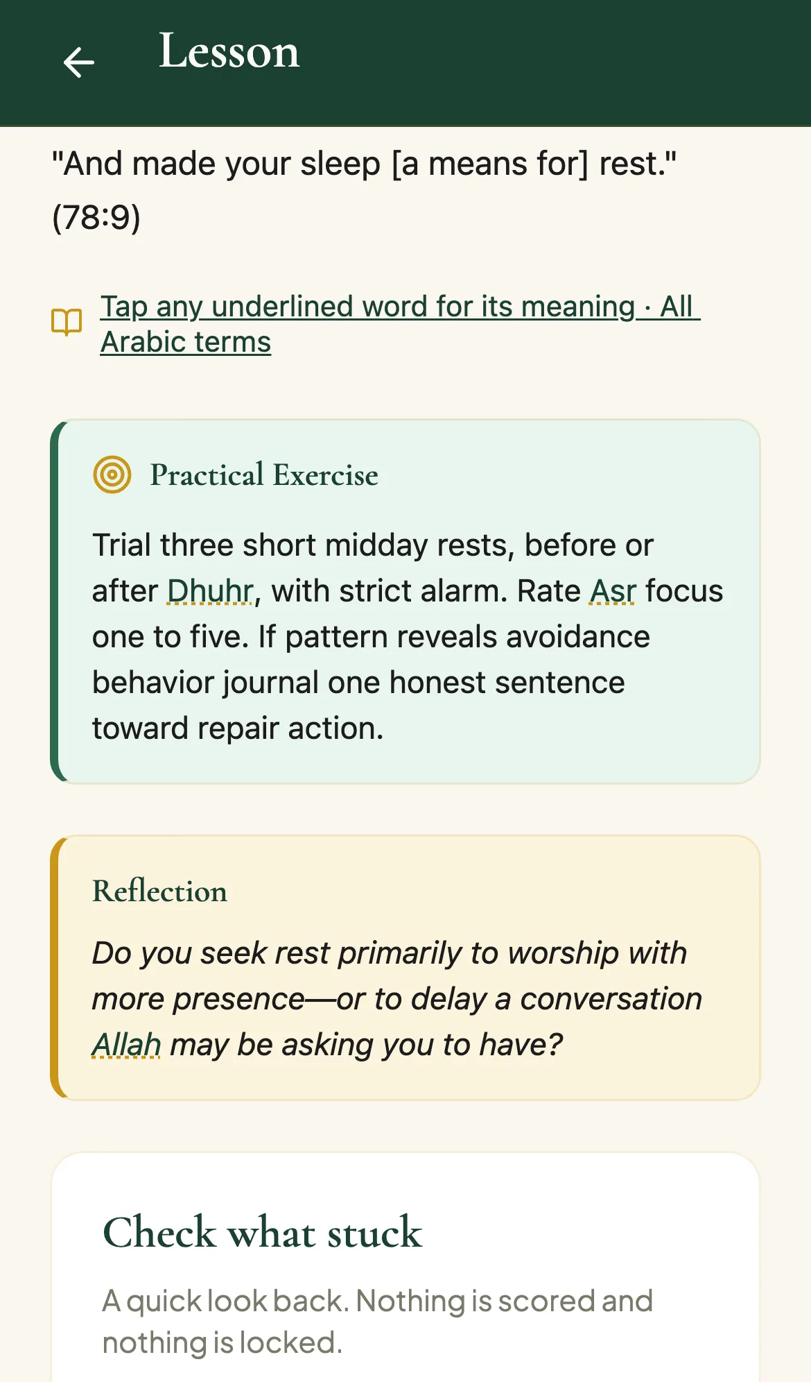 The practical exercise at the end of a lesson: one action to take today